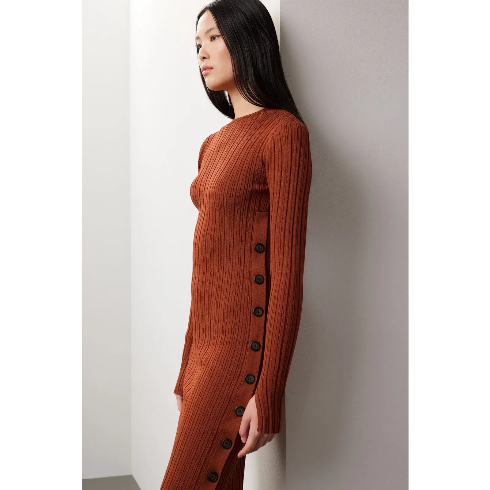 Adam Lippes Rust Ribbed Knit Side Button Long Sleeve Sweater Midi Dress Size S - Image 2