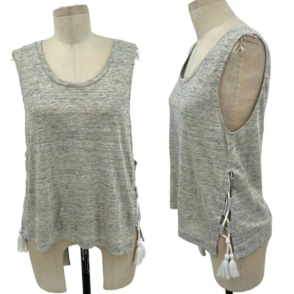 Generation Love Gray Linen Side Lace-up Tassel Tank Top Size Small‎ - Image 2