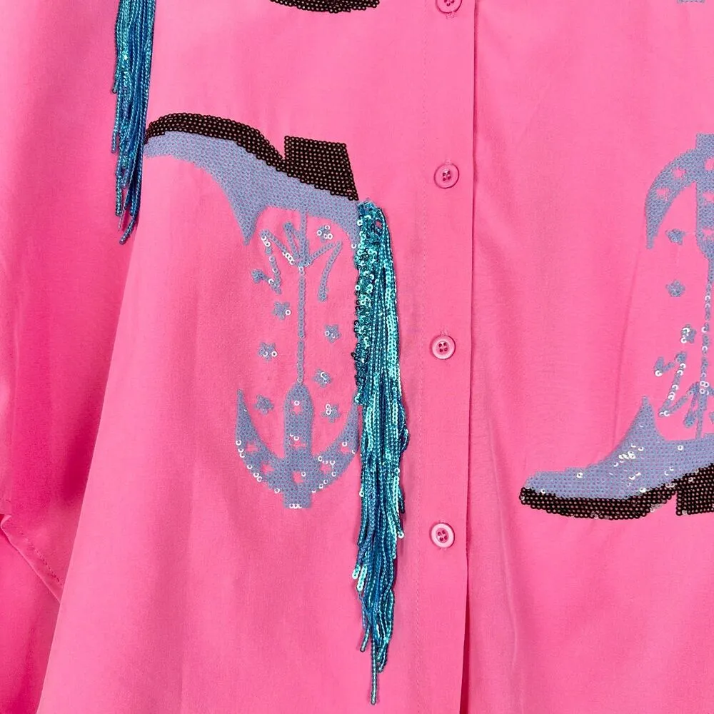 Blue B Western Cowboy Fringe Boots Shirt Size Large Rodeo Festival Sequin Pink - Image 5