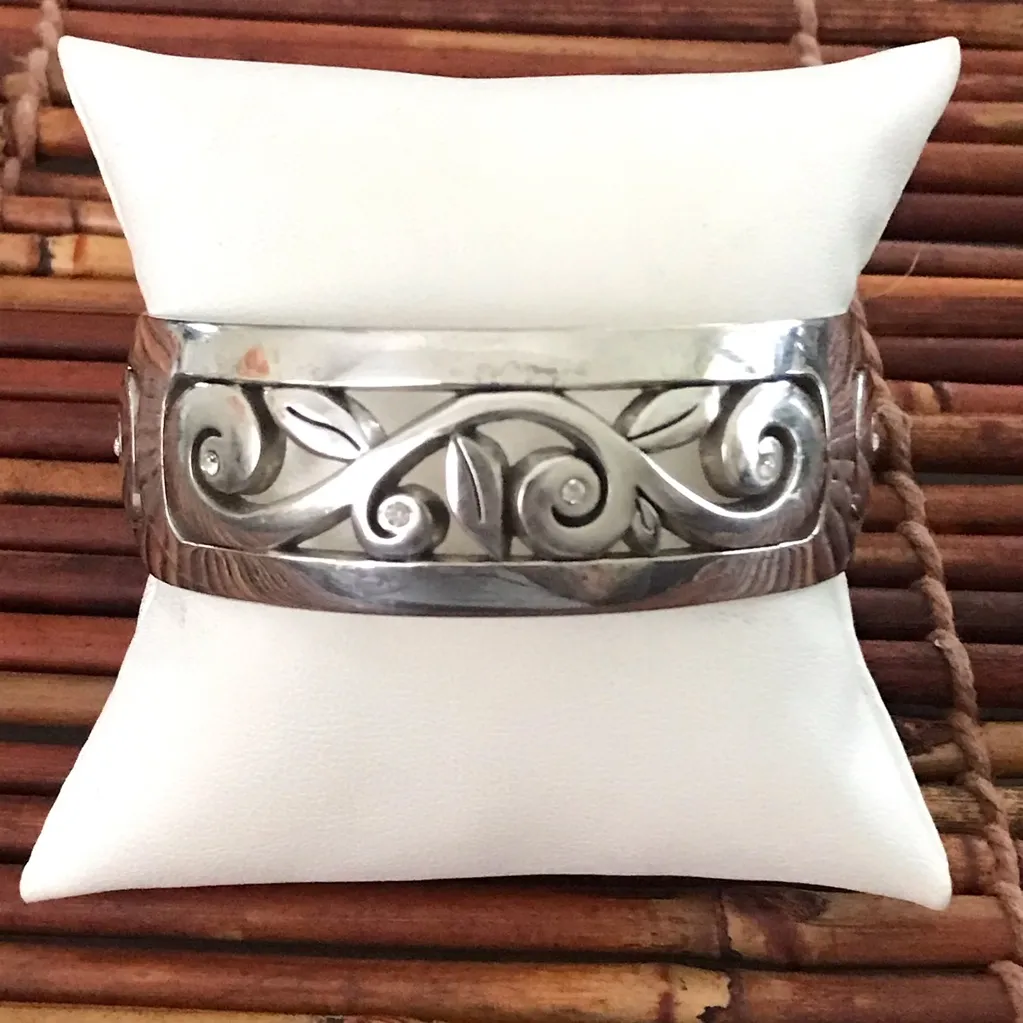 Brighton Silver Filigree Scroll Bangle Bracelet With Crystal Accents - Image 4