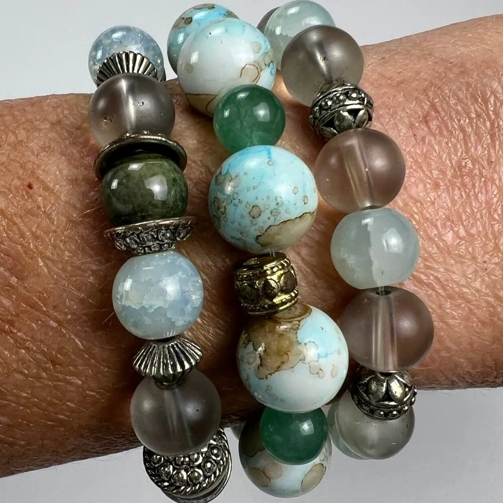 Handmade Beaded Bracelet Trio Earthy Color Theme  Mixed Metal Beads Browns Blues - Image 2