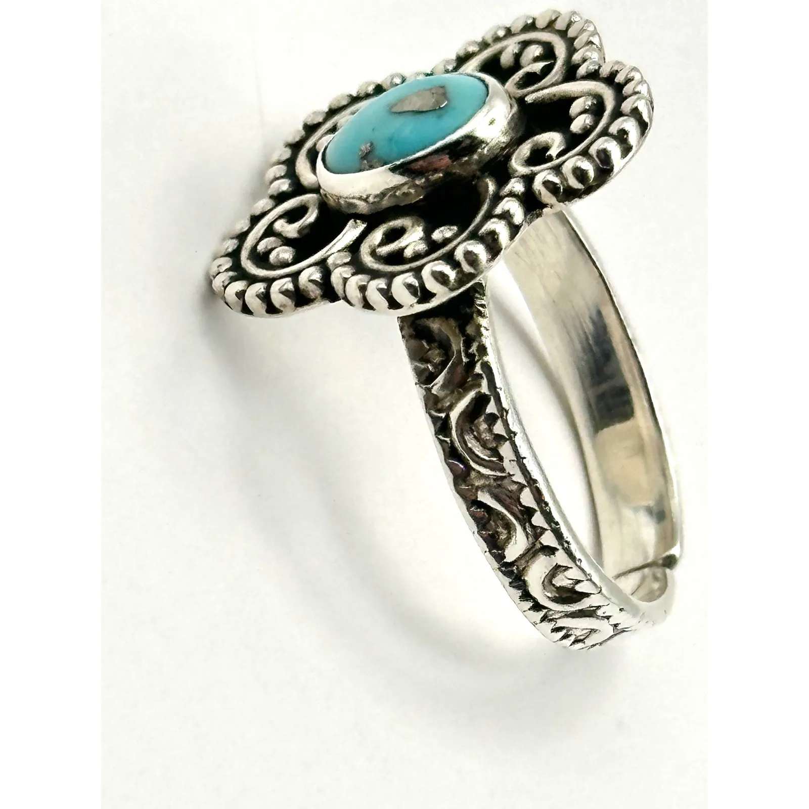 Turquoise Flower Southwestern Sterling Silver Adjustable‎ Ring - Image 7