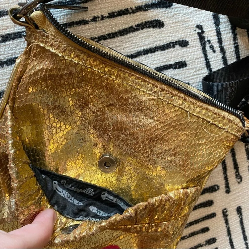 Betsey Johnson Studded Leather Snakeskin Crossbody Gold Black - Image 8