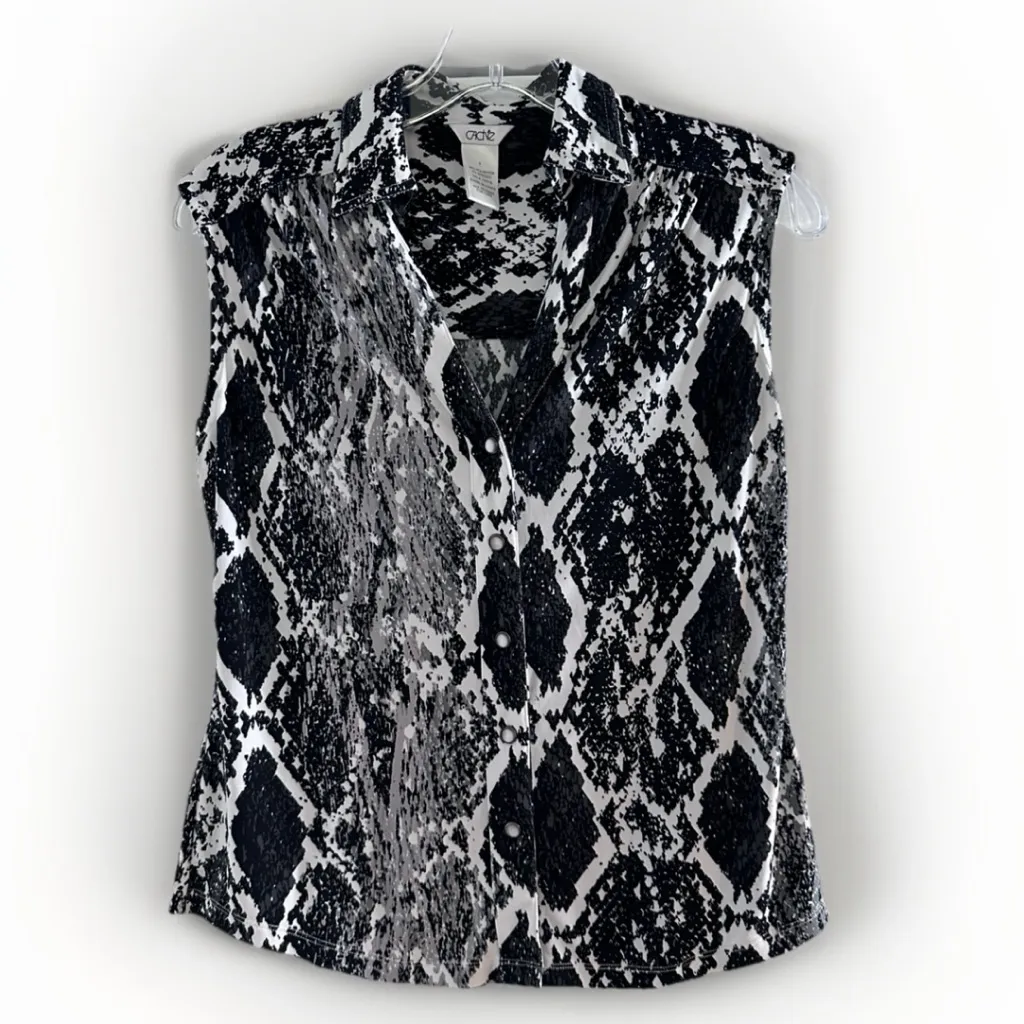 Cache Snake Print Sleeveless Collared Top Pearl Snap Button Up Y2k 90’s Blouse S - Image 4