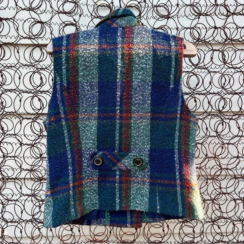 Cabi rough tweed woven plaid double breasted button front vest blue green red - Image 2
