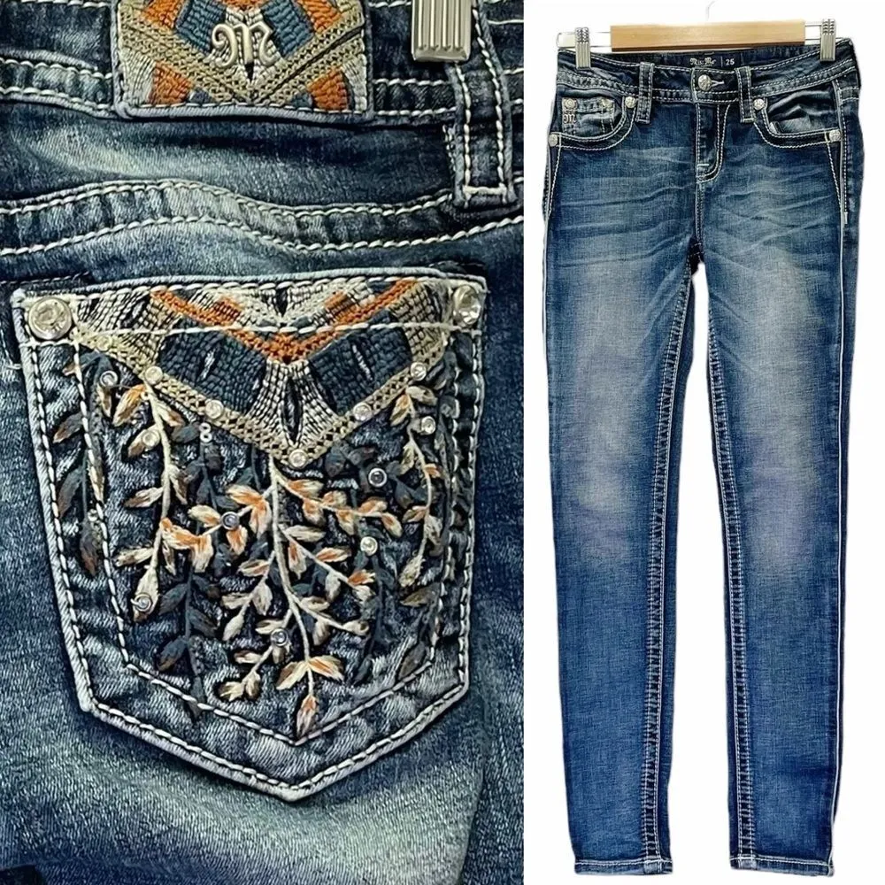 Miss Me Y2K Hailey Skinny Boho Embroidered Rhinestone Dark Wash Jeans Size 25 - Image 15