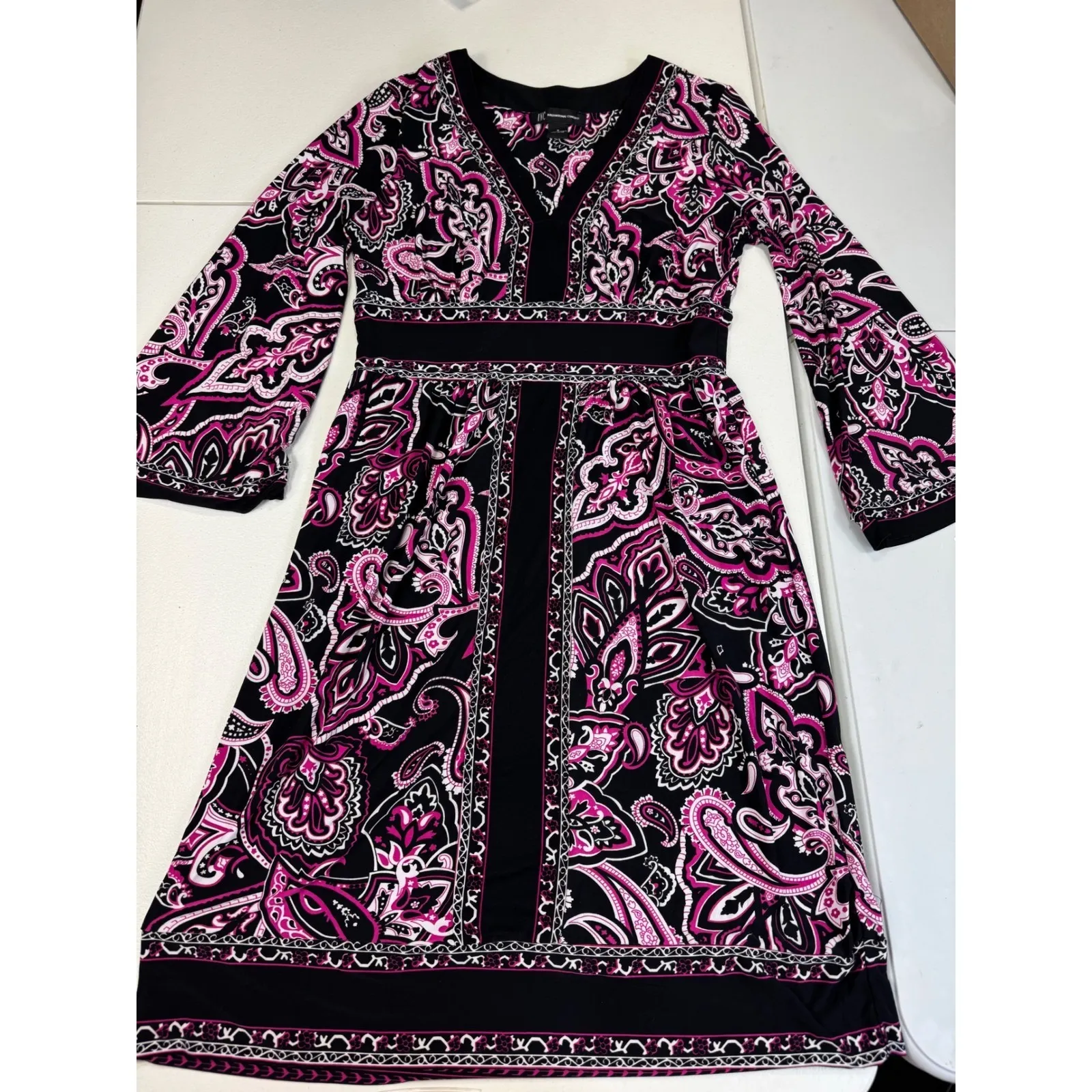 Paisley Print Dress‎ V Neck 3/4 Sleeve Stretch Comfortable Casual Day Party Black - Image 3