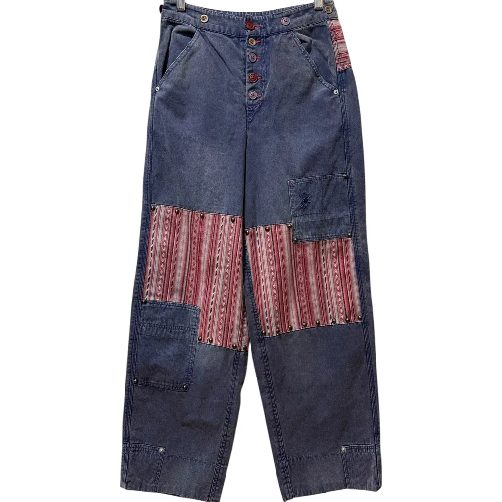 New Free People La Vie Patched Patchwork Studded Blue Pants / Jeans Boho Size 4 - Image 5