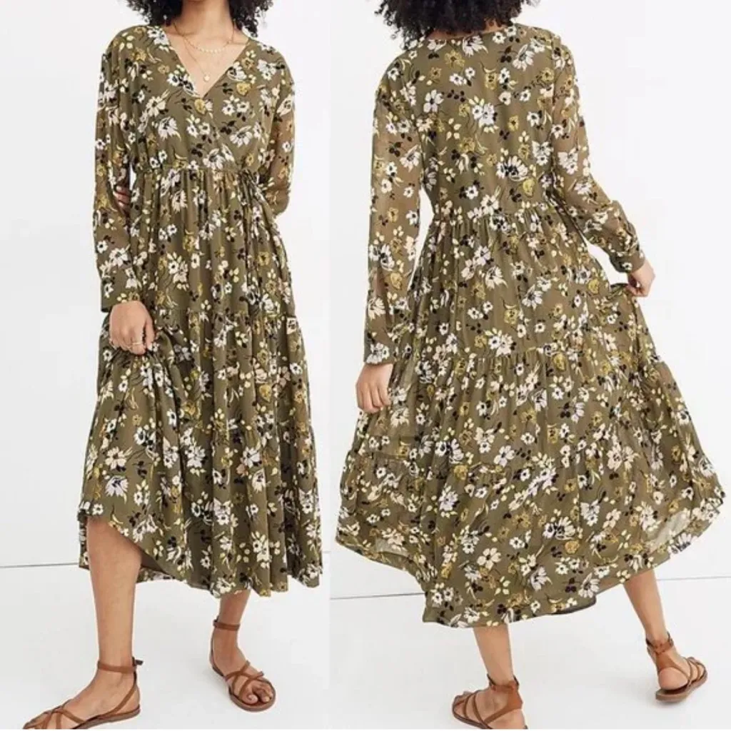 Madewell Floral Long Sleeve maxi Dress Olive women size XL - Image 2