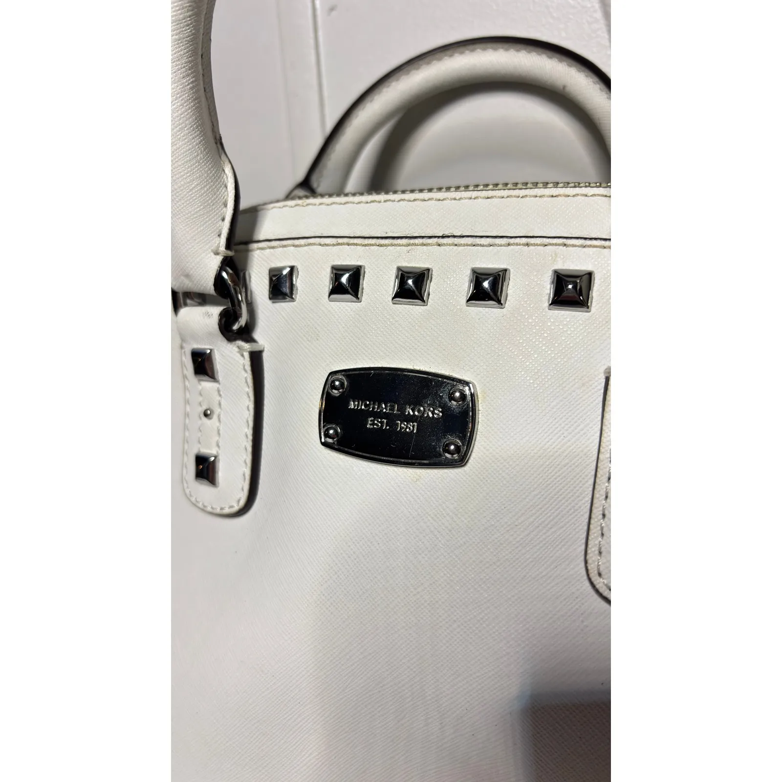$398 Michael Kors Saffiano White Studded Satchel Handbag - Image 5
