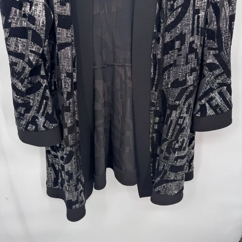 Joseph Ribkoff Disco Cardigan Womens 16 Black Velvet Metallic Silver Bell Sleeve - Image 3