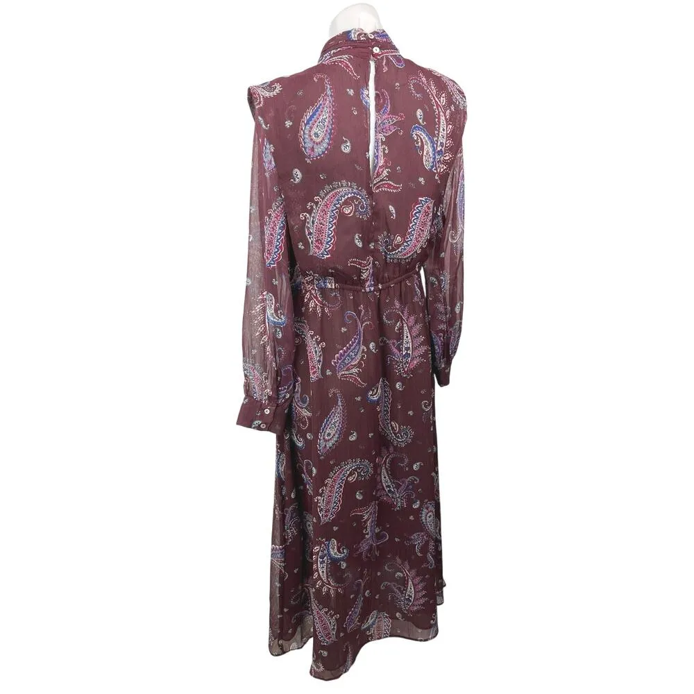 MNG Women's Red Maroon Paisley Long Sleeve Mockneck Cocktail Maxi Dress Size 6 - Image 3