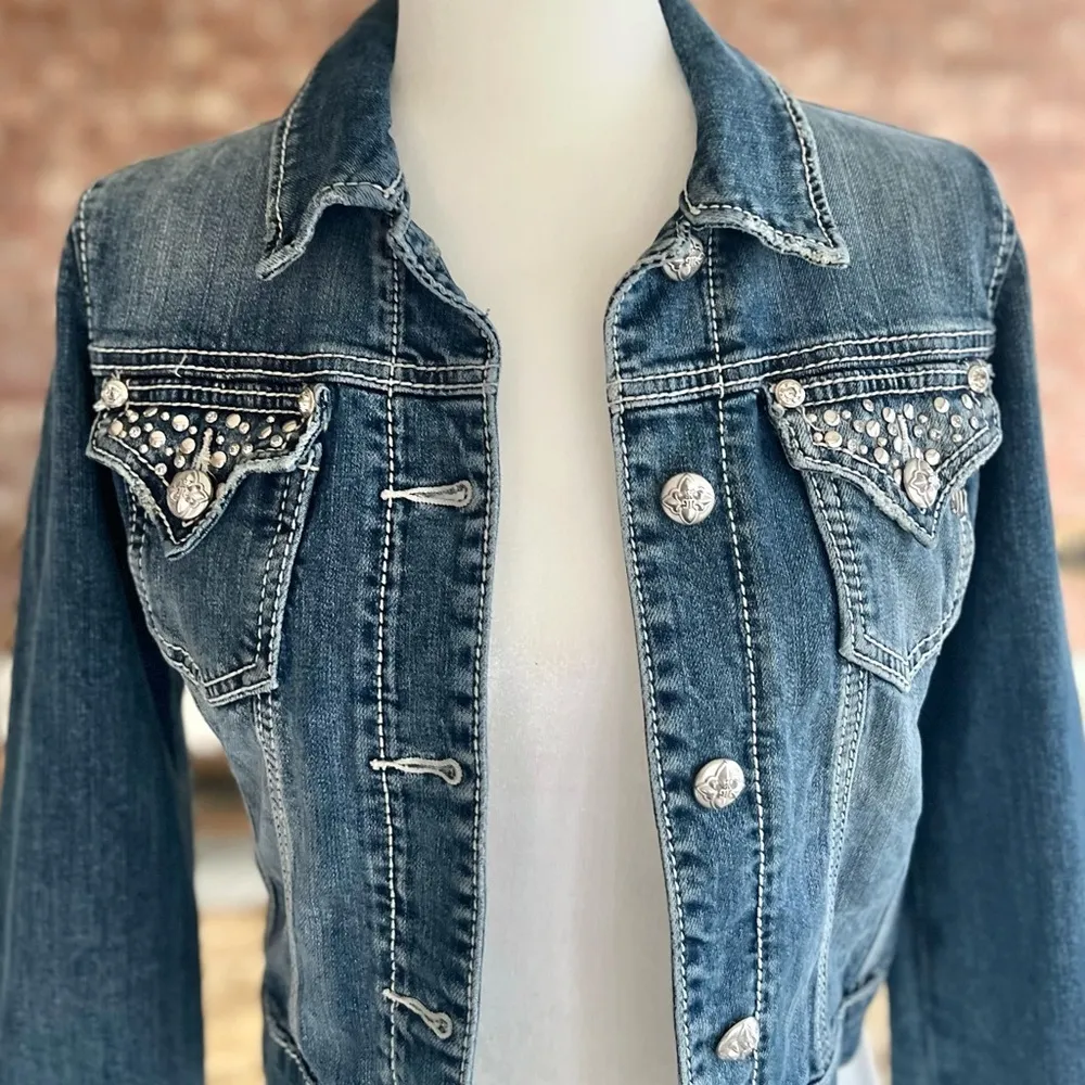 Miss Me Embellished Rhinestone Denim Blue Jacket S Distressed Stud Cropped Mod - Image 2