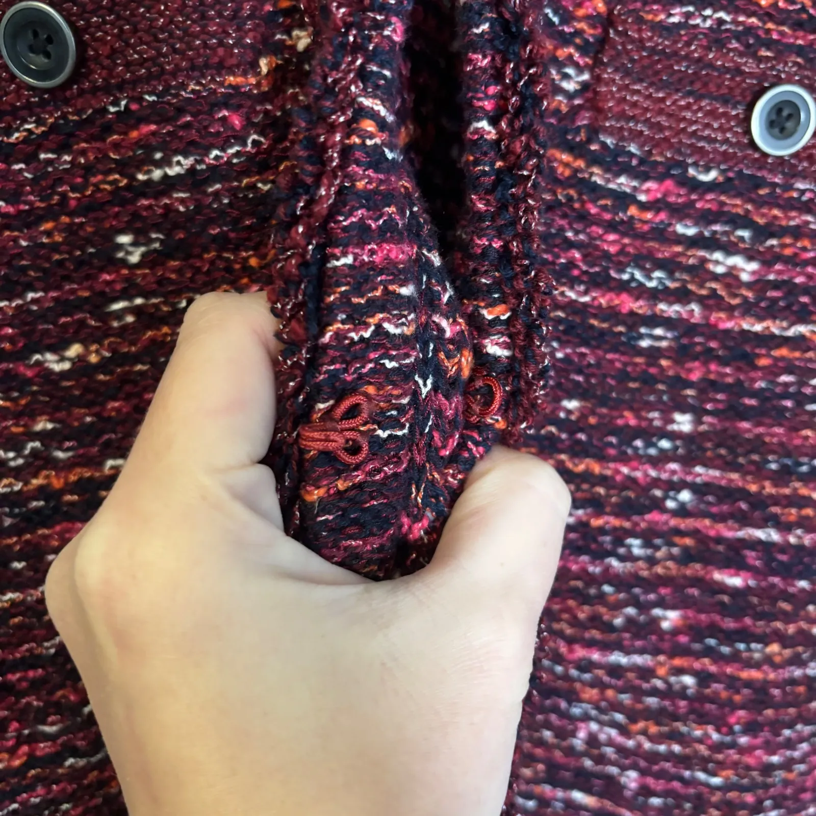 J.Jill‎ Womens Tweed Knit Cardigan Sweater Maroon Pink Fringe Trim Medium Preppy - Image 5