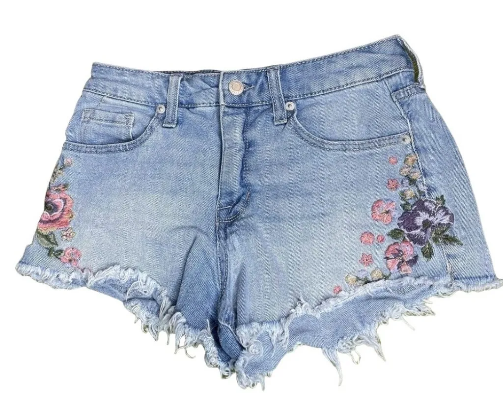 Mossimo High Rise Jean Shorts Size 4 Size 27 Floral Embroidered Cut Offs Blue - Image 1
