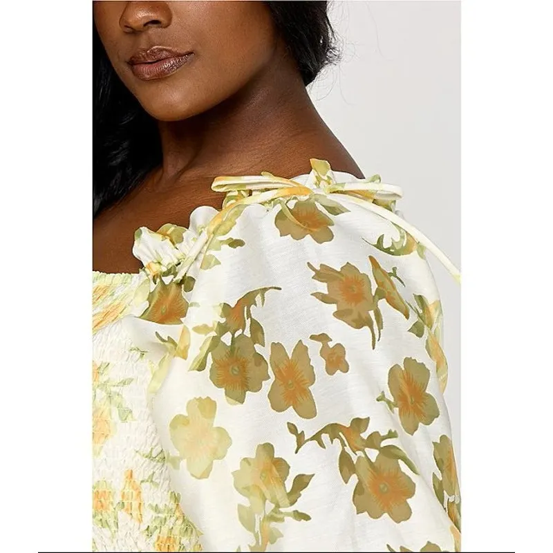 Layered With Love Square Neck 3/4 Sleeve Smocked Tiered Floral Dress Size 1X Yellow - Image 5