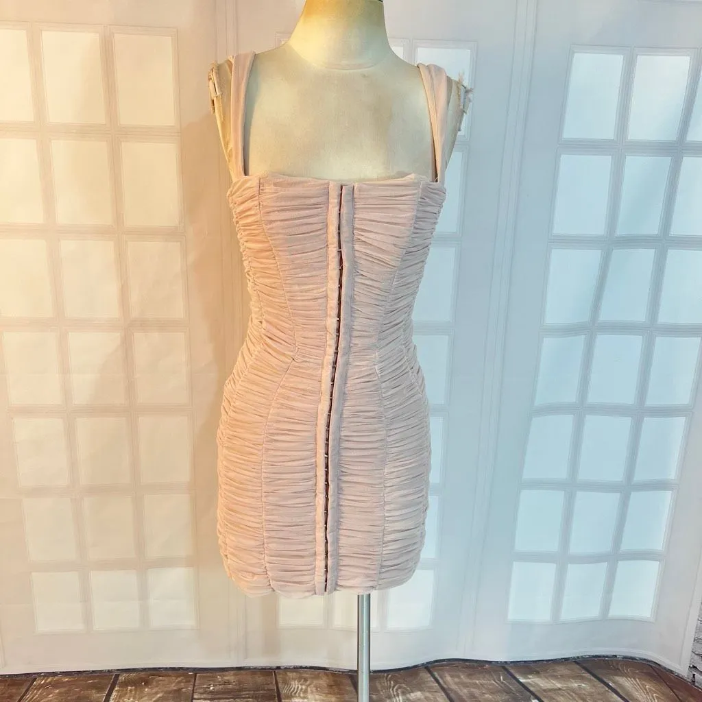 House of CB London Pink Cate Ruched Mesh Square Neck Bodycon Mini Dress Medium - Image 3