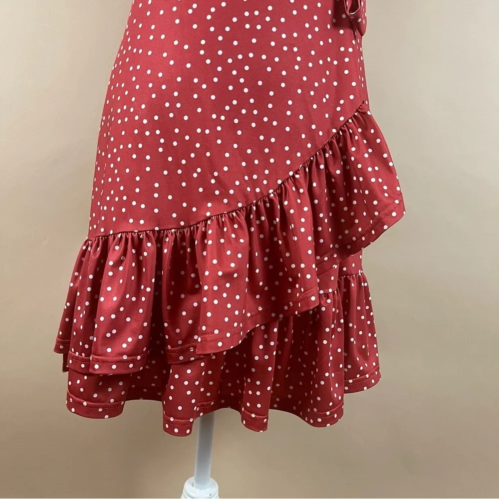 Retro Women's Small Polka Dot Ruffle Tie Wrap Flowy 50's V Neck Swing Dress Red - Image 3