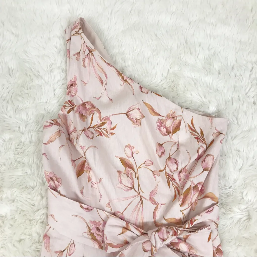 ANTONIO MELANI Pink Floral One Shoulder‎ Belted Jumpsuit Linen Blend Size 2 New - Image 4