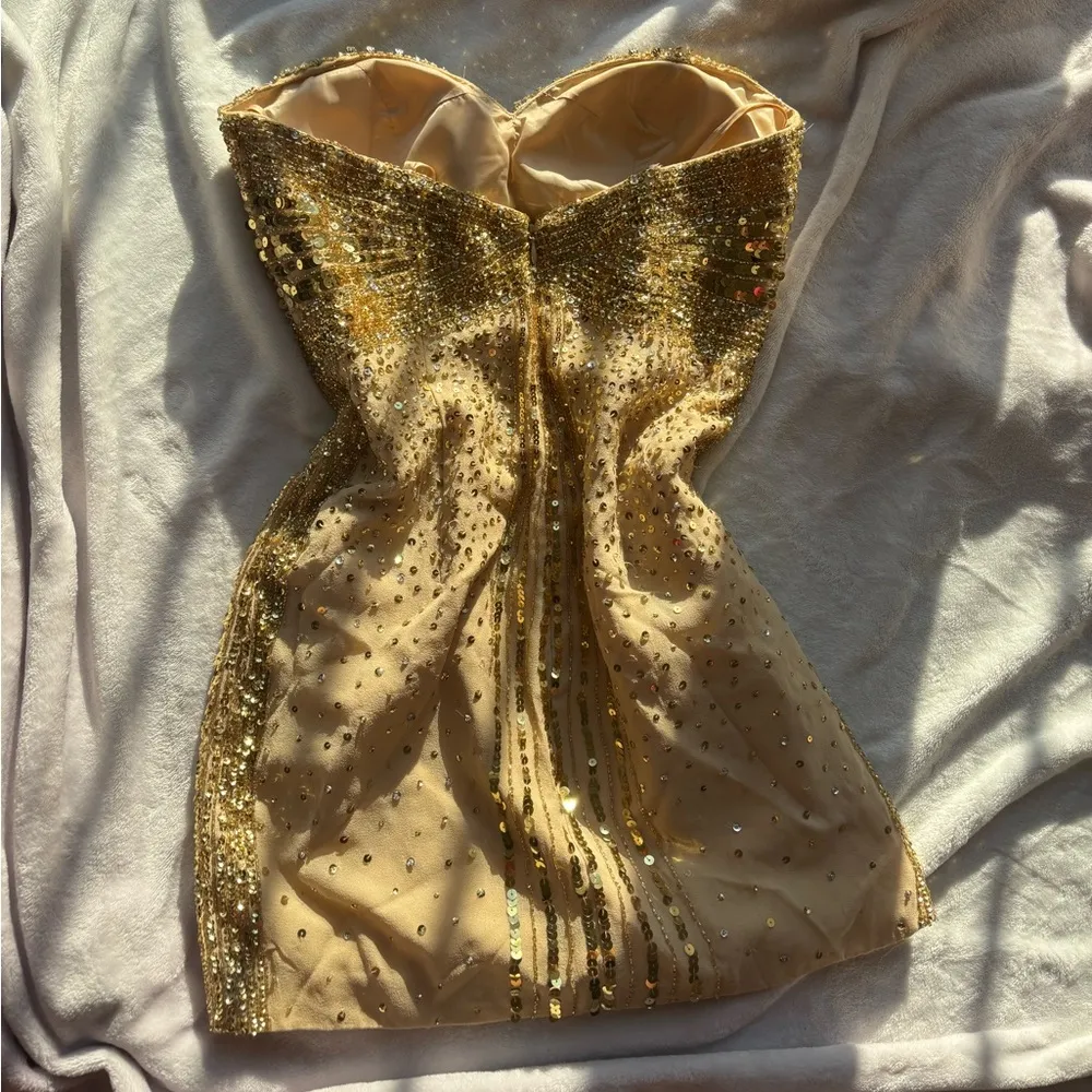 Basix Black Label Gold Sequin beaded embellished silk stone Strapless mini Dress Size 4 - Image 3