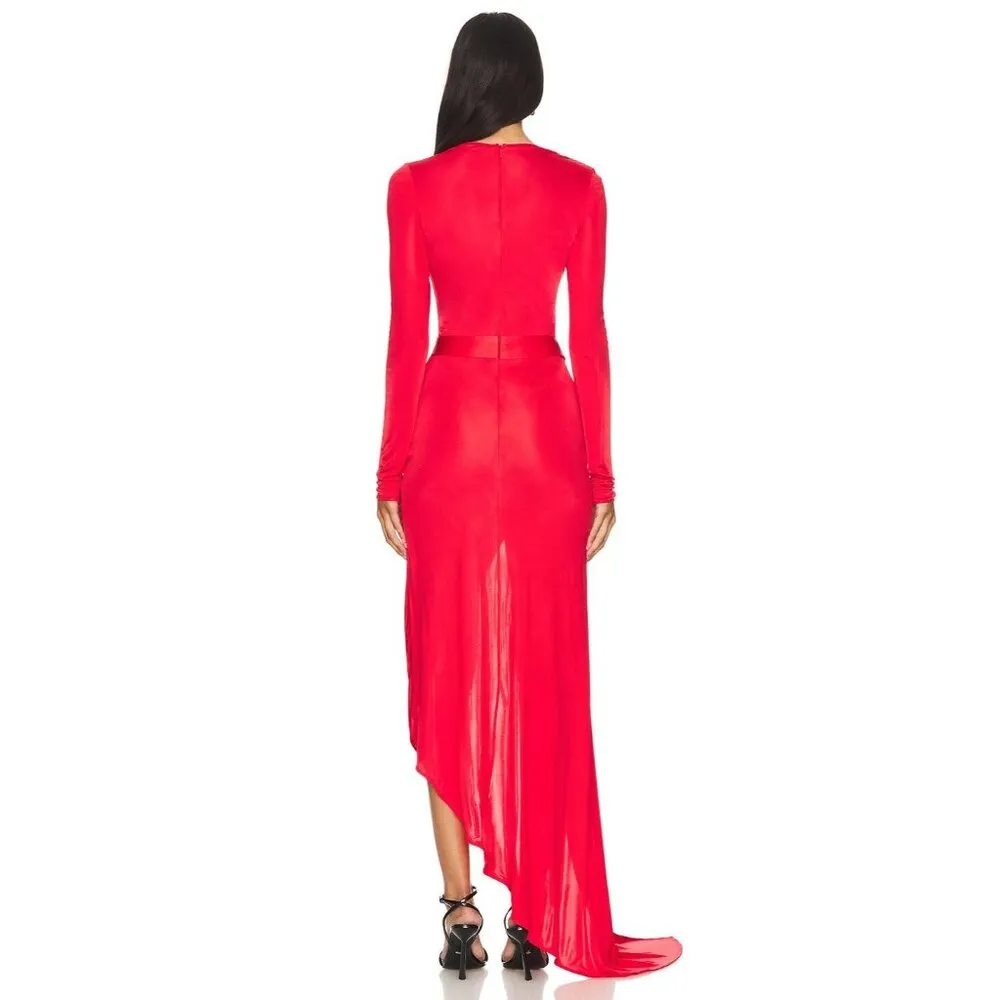 David Koma Satin Bow Detail Asymmetric Long Dress in Red 6 UK 10 New Womens Gown - Image 12