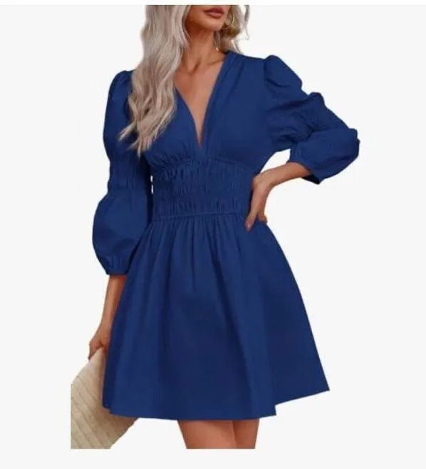 NEW Deep V Neck Puff Long Sleeve Smocked Mini Dress L Blue Size L - Image 3