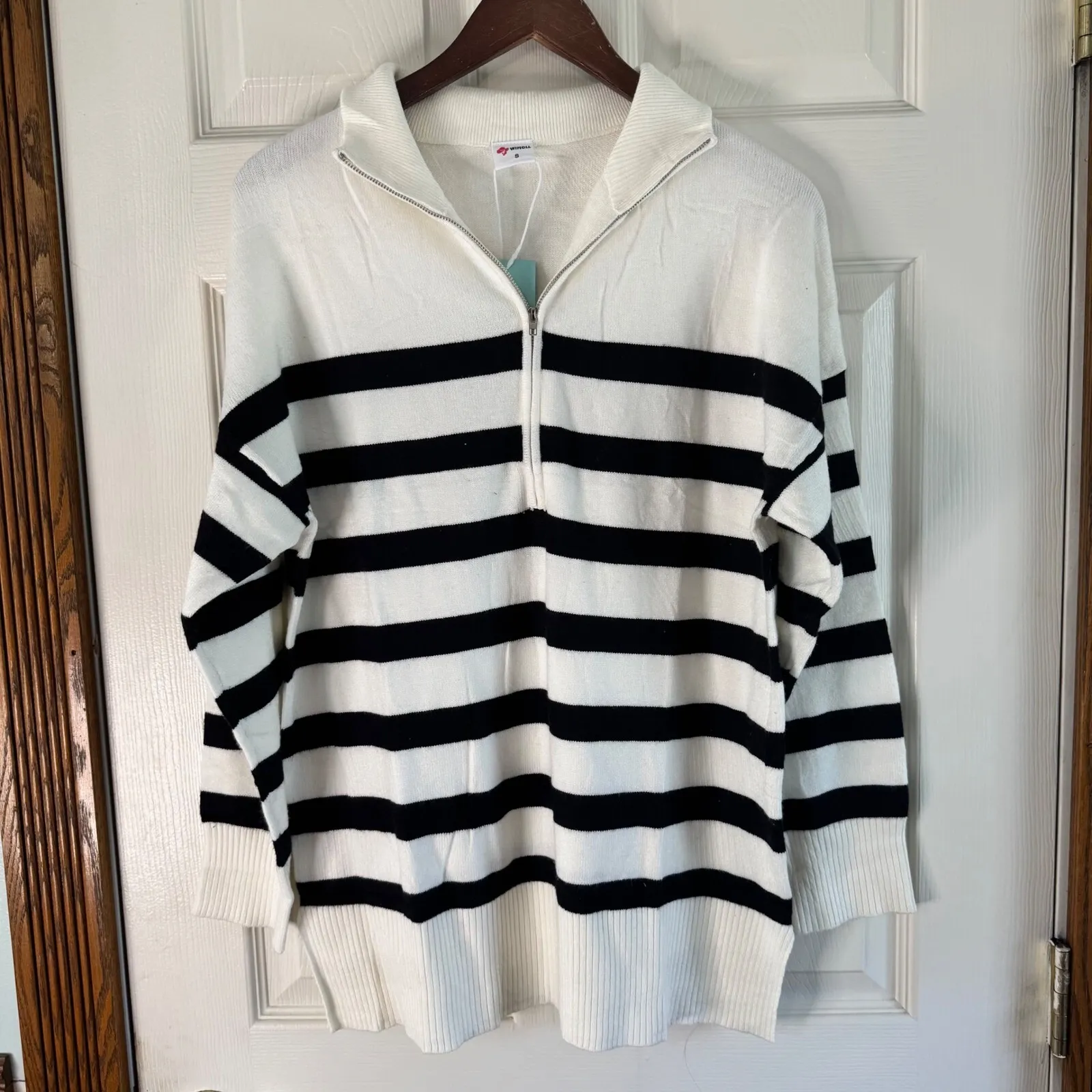 WIHOLL‎ Striped Pullover Sweater Quarter Zip Tunic Top Oversized Medium Black - Image 8