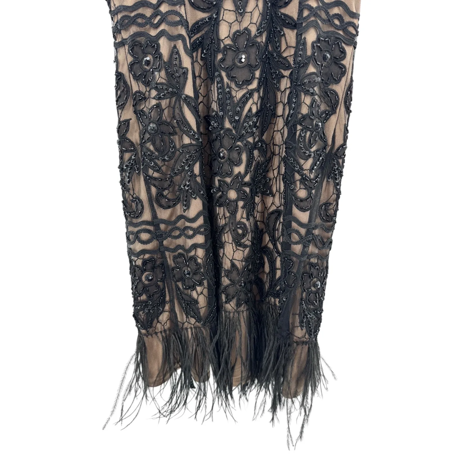 Sue Wong Nocturne Beaded Mesh Feather Hem Cocktail‎ Dress Black Nude Flapper 0 - Image 10