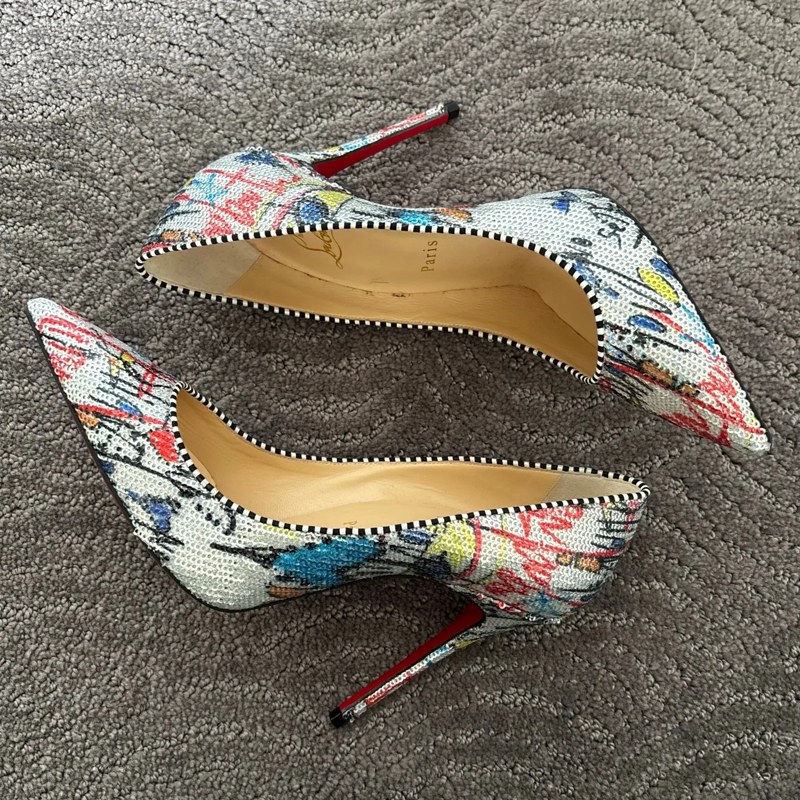 Christian Louboutin Decolette 554 100 Paillette Pump Sequin Multicolor Size 37.5 - Image 11