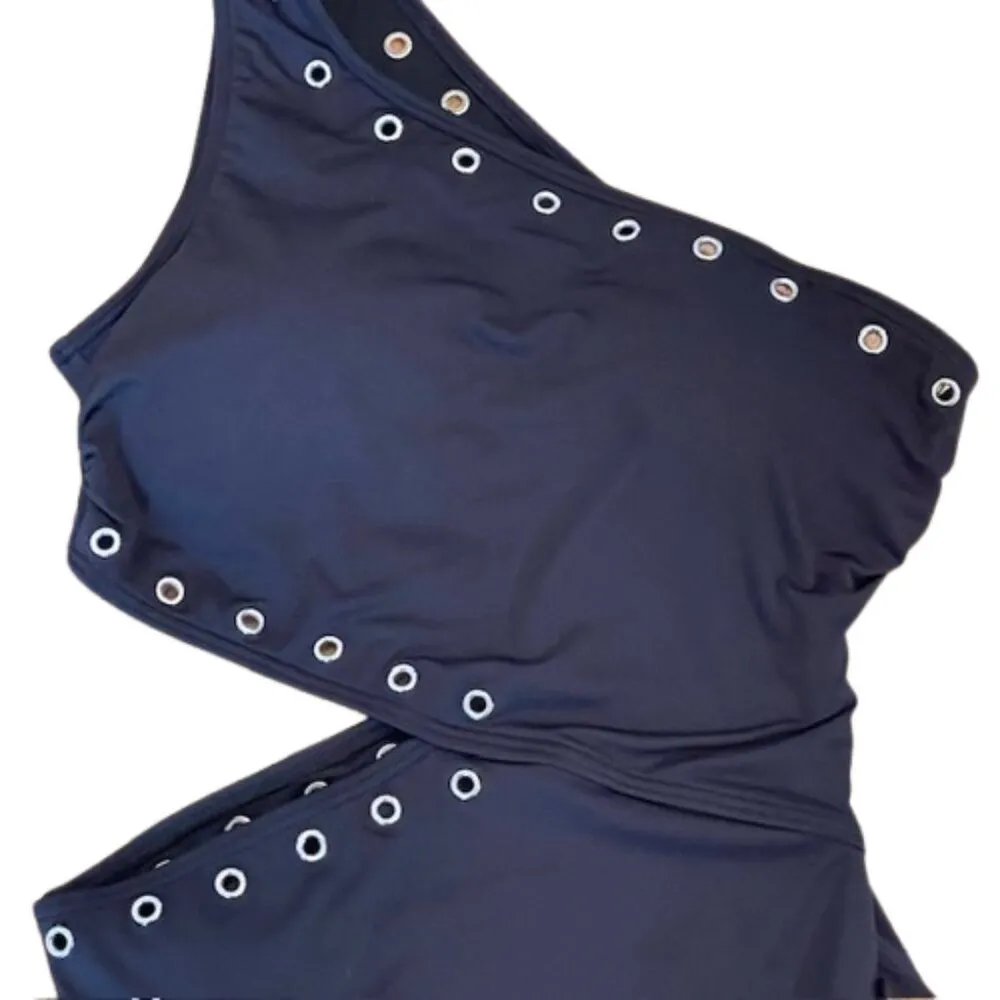 Michael Kors Side Cut Out One Shoulder Black Grommet Swimsuit Grunge Luxe 10 - Image 4