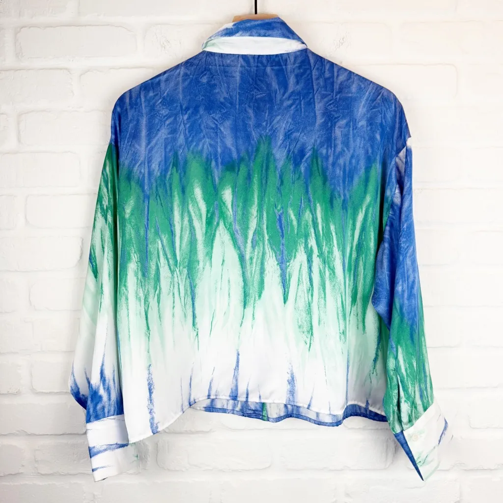 Zara Blue Green Watercolor Tie Dye Satin Long Sleeve Button Down cropped XL - Image 6