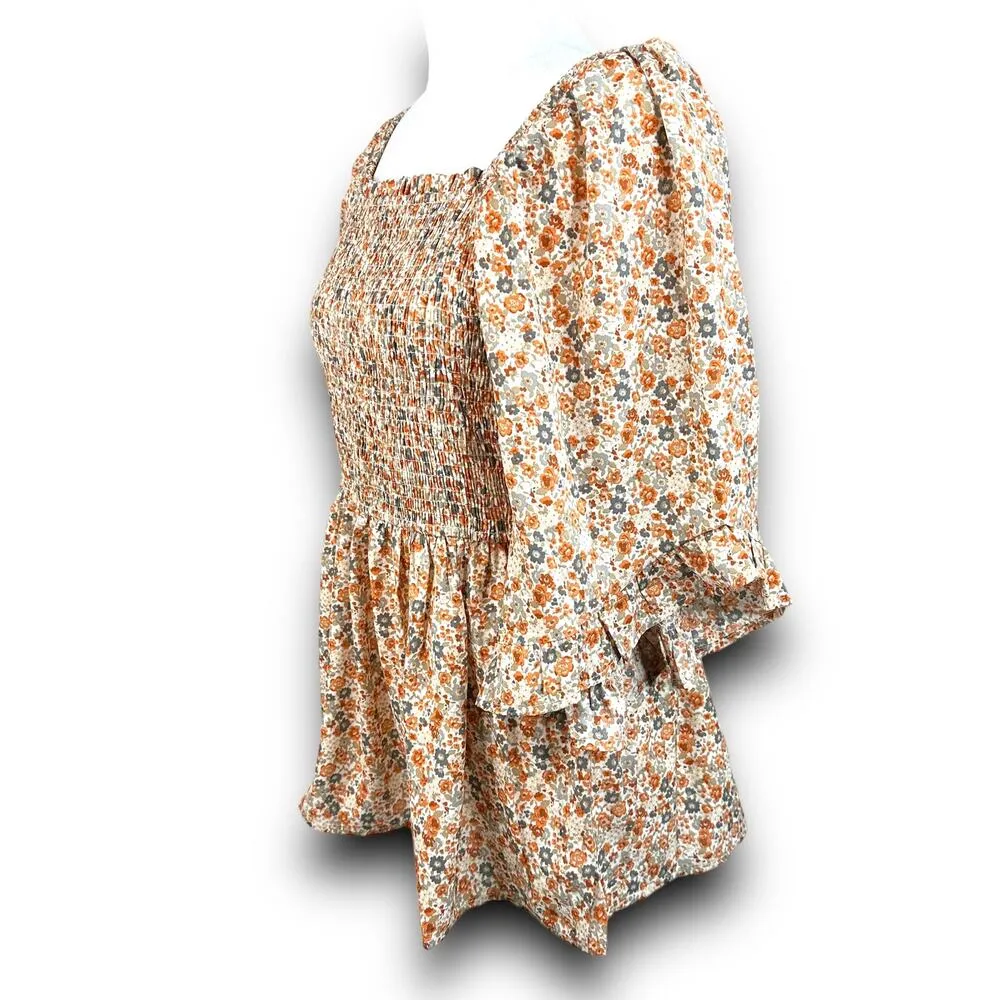 Floral Boho Cottagecore Babydoll Blouse Top Smocked Ruffle Size Small - Image 4
