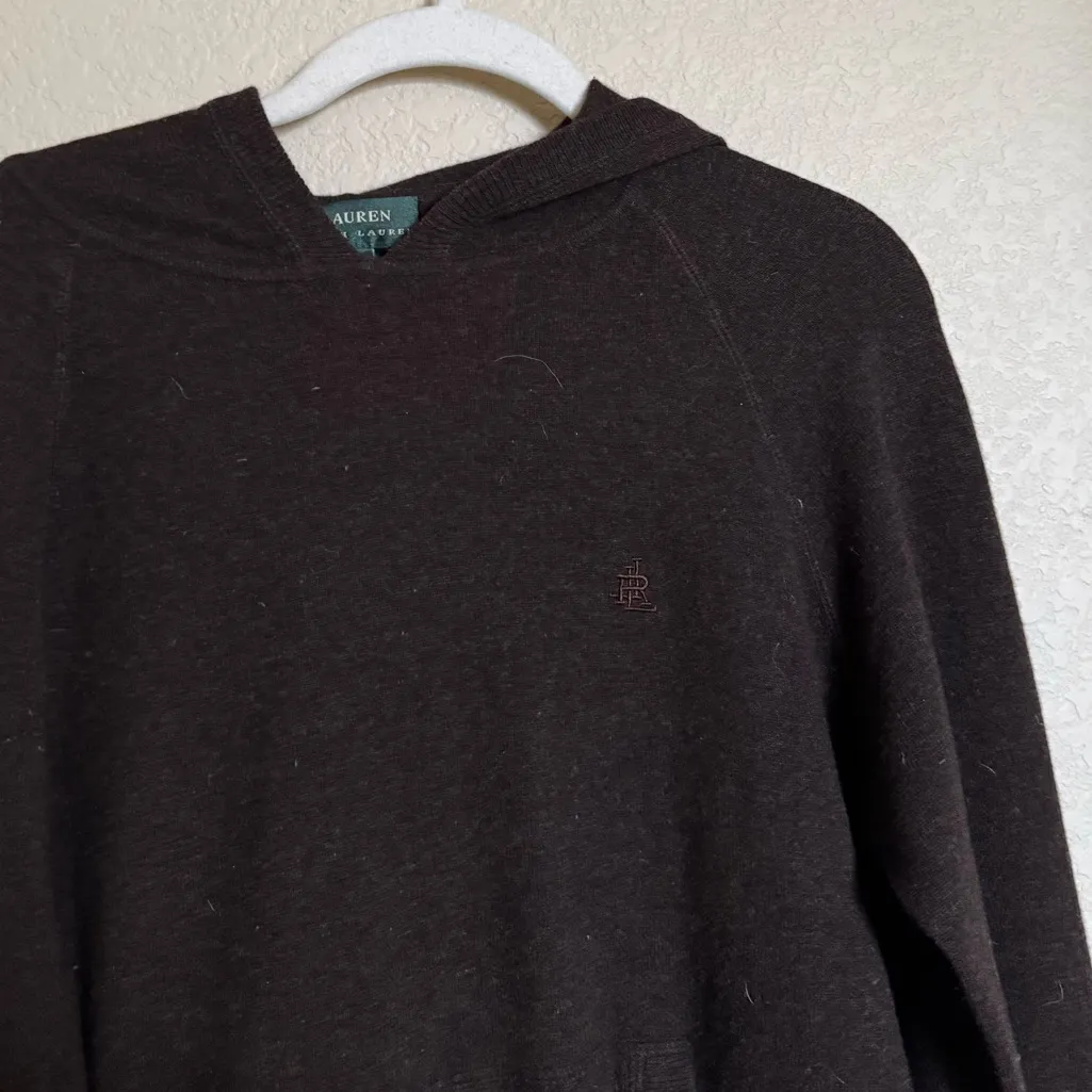 Vintage Ralph Lauren Merino Wool Knit Hoodie Sweater Sz Medium Brown - Image 2