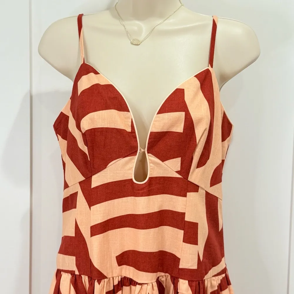 Mon Renn Surreal Midi Dress Tropico Print Red Medium Drop Waist Cotton Vacation - Image 4