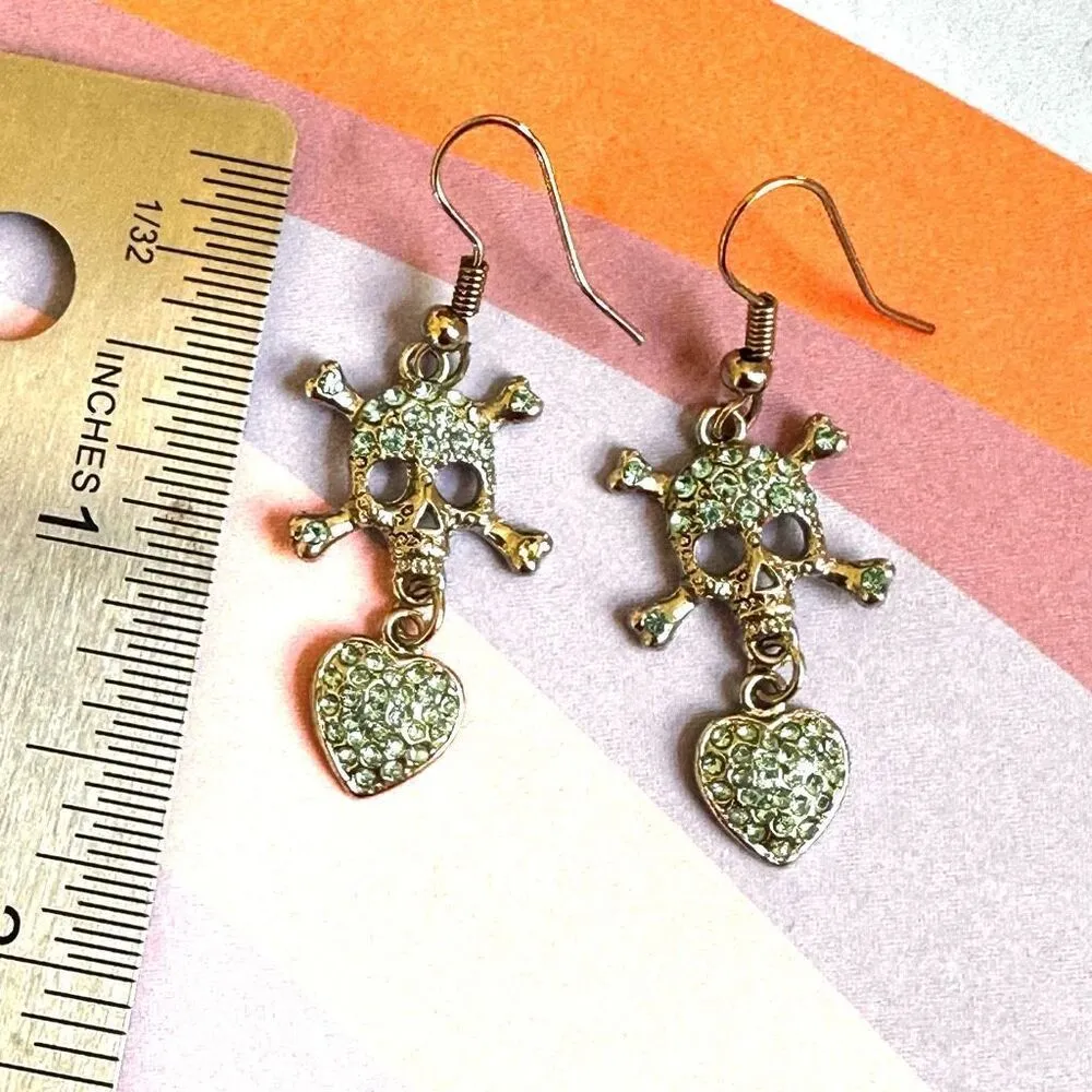 Blue skull and heart rhinestone drop earrings - Image 8
