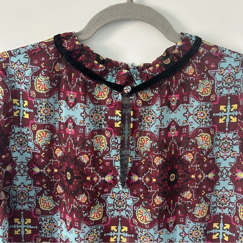 For Love & Lemons Geneva Geometric Print Long Sleeve Velvet Bow Blouse M - Image 7