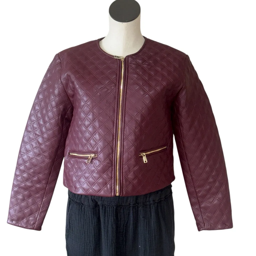 NWT Jason Wu Women's Quilted Faux Leather Zip Front Jacket Wine / Burgundy XS - Image 3