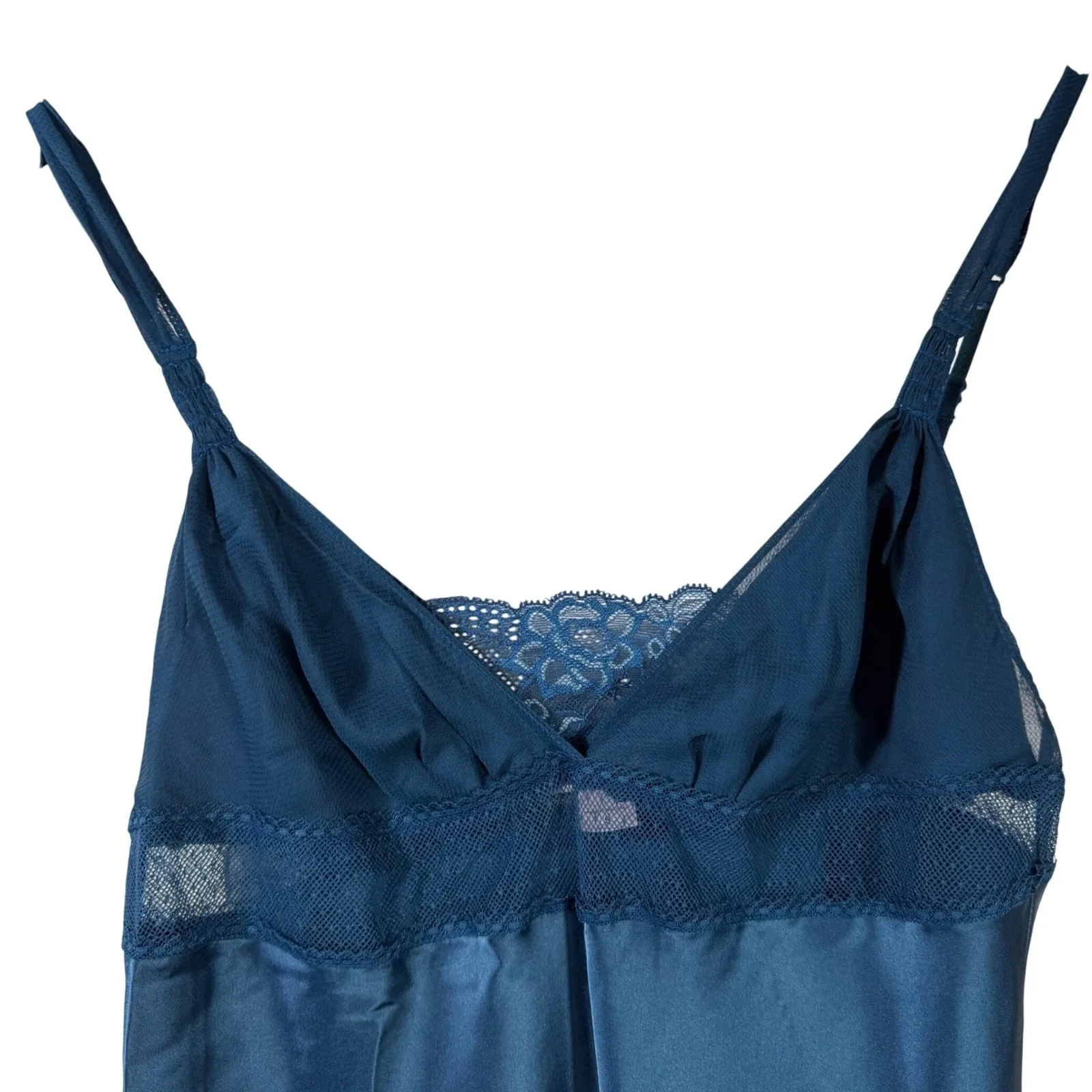 Victoria's Secret Angels Slip Dress Nightie S Teal Satin Lace Trim Ruffle Hem - Image 2