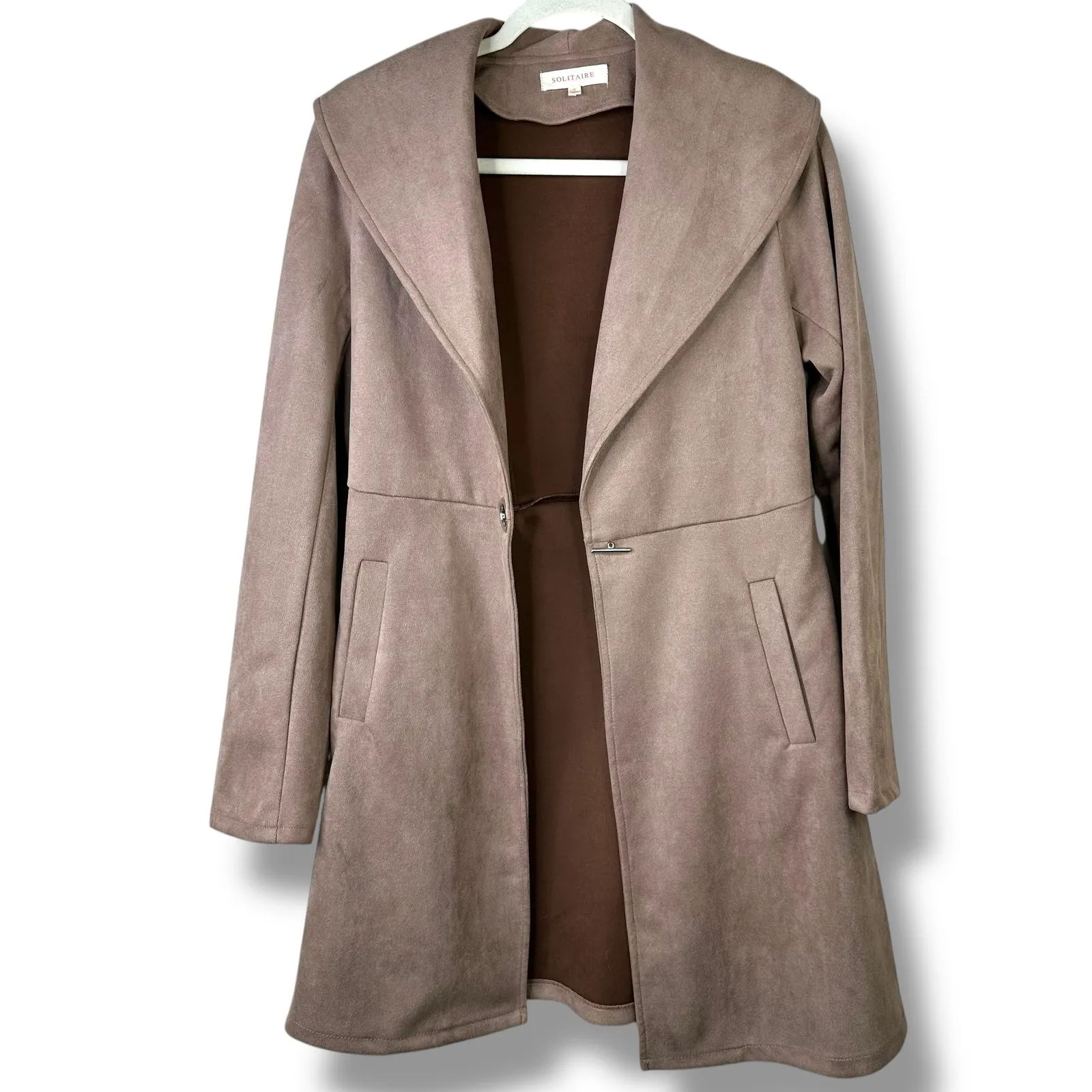 Solitaire Soft Taupe Faux Suede Shawl Waterfall Collar Duster Draped Fit Jacket - Image 4