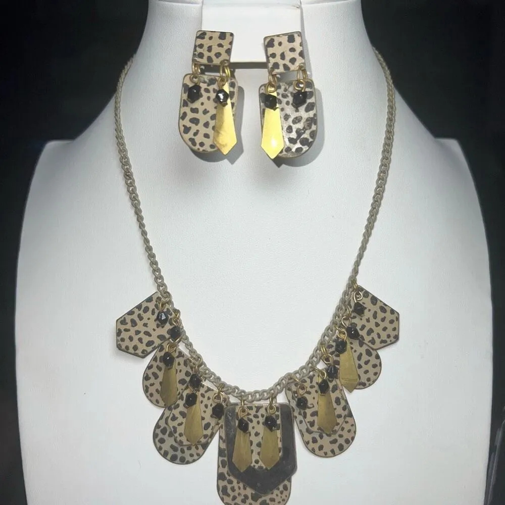 Vintage 80s Enameled and Metal Gold Tone Animal Print Earrings and Necklace Set - Image 3