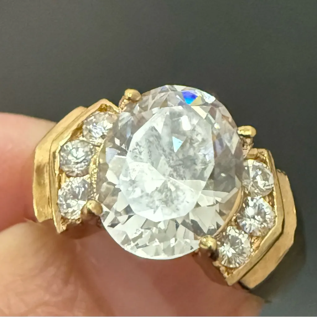 Vintage RF Peak 925 Gold Over Sterling Silver Oval CZ Solitaire Ring Size 8 8g. - Image 3