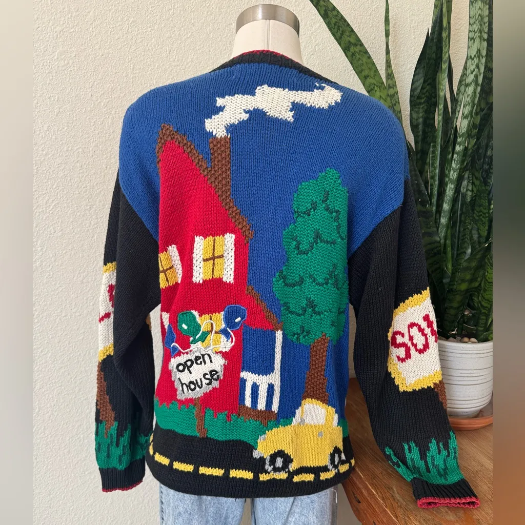 Vintage Belle Pointe Realtor Novelty Cardigan Sweater Ramie Cotton‎ Knit small Blue - Image 2