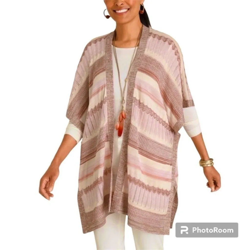 Chico’s Cardigan Ruana Wrap Pink Multi Textured Striped Kimono Sleeve S/M - Image 15