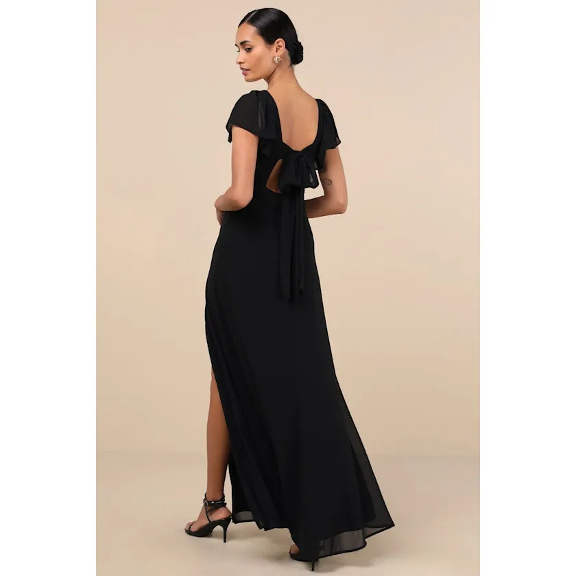 NWT Lulus Simply Delightful Black Tie-Back Flutter Sleeve Maxi Dress Slit Sz S - Image 3