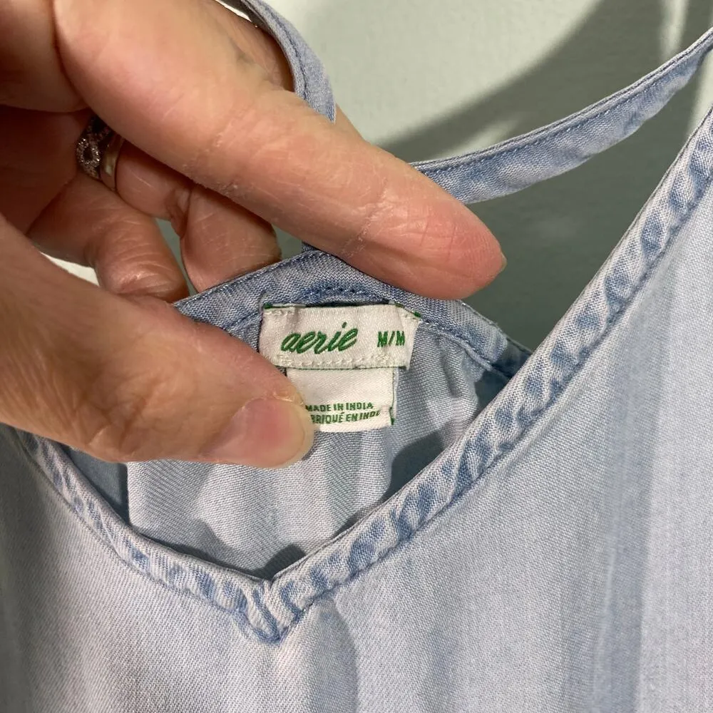 Aerie Women Light Wash Chambray Side Slit Maxi Tank Dress Size M - Image 6