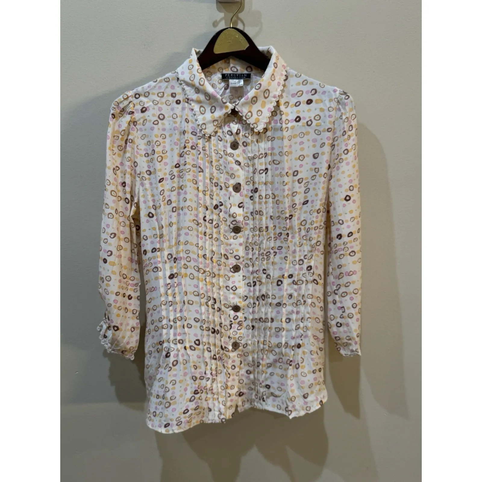 Peruvian Connection‎ Silk Geometric Button Down Blouse Pleated Size 14 - Image 2