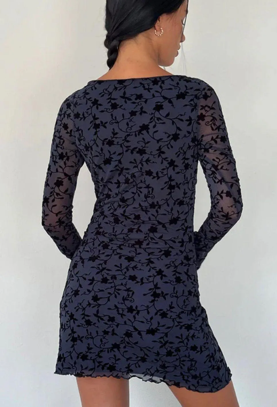 Sevila Long Sleeve Mini Dress Flocked Petal Navy - Image 2