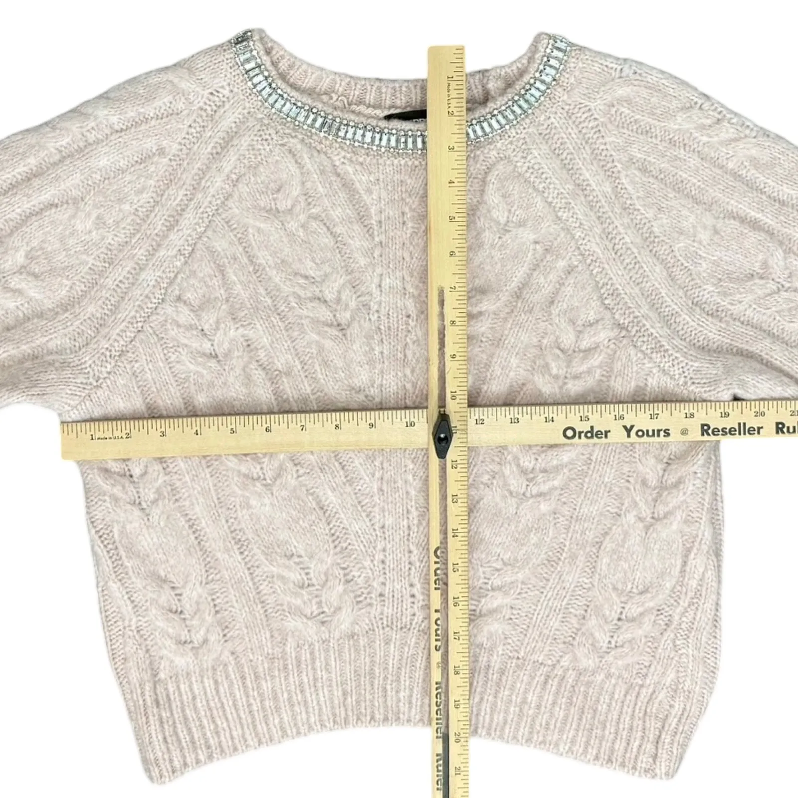 Express Baby Pink Chunky Knit Jeweled Collar Crew Neck Sweater size XS Glam - Image 6