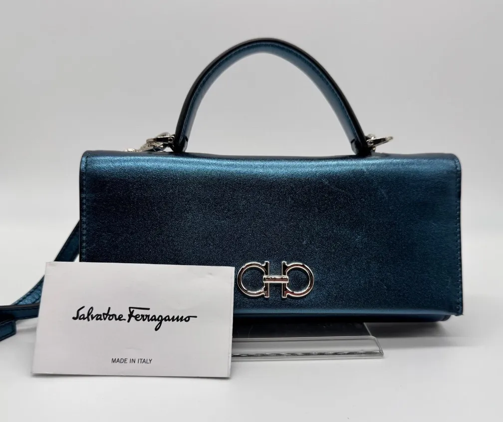 Salvatore Ferragamo Authentic Gancini Mini 2-Way Deep Sky Blue Leather Bag - Image 1