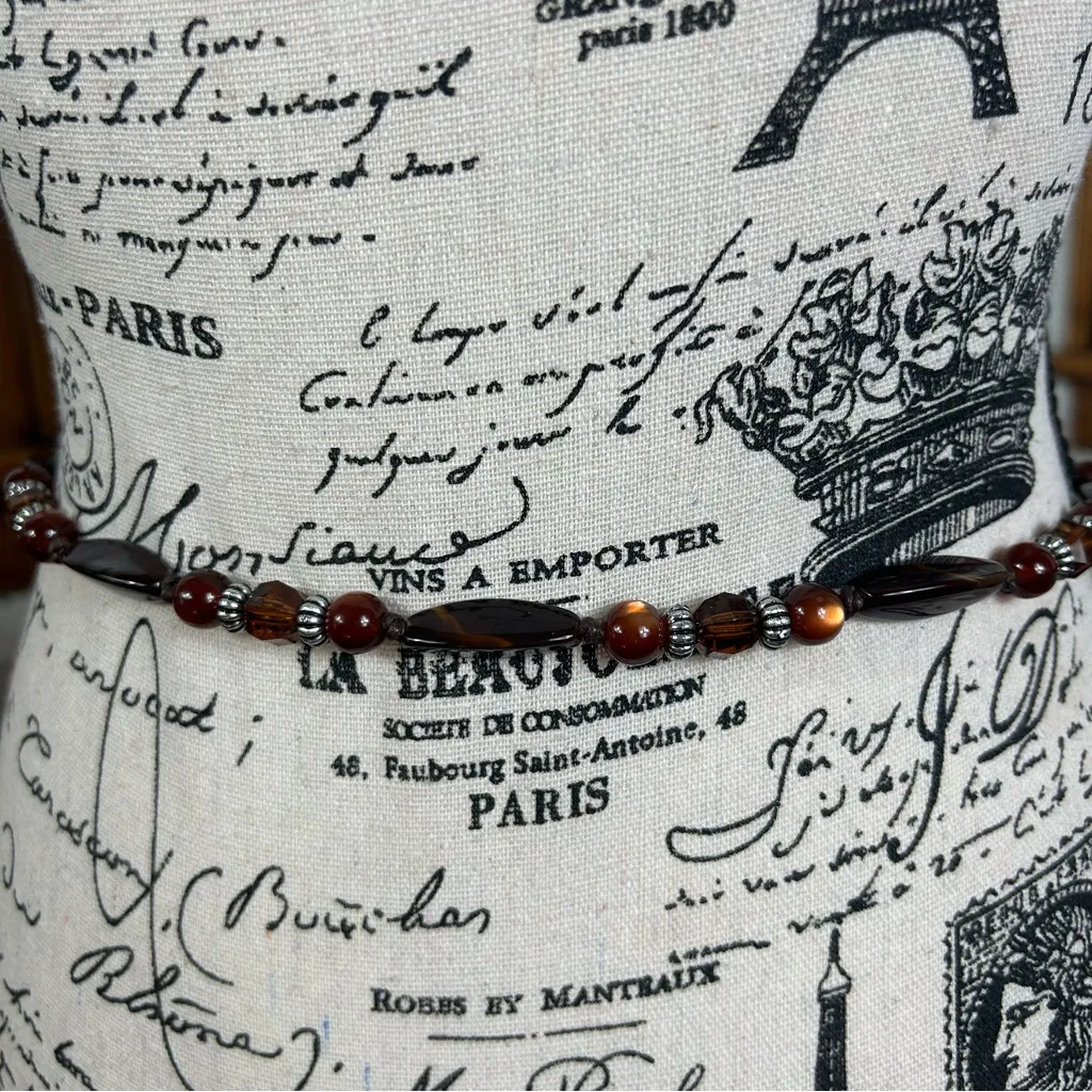 VTG 70’s Tortoise Amber Beaded Leather Corded Toggle HIPPIE BOHO Belt Size OS Brown - Image 5